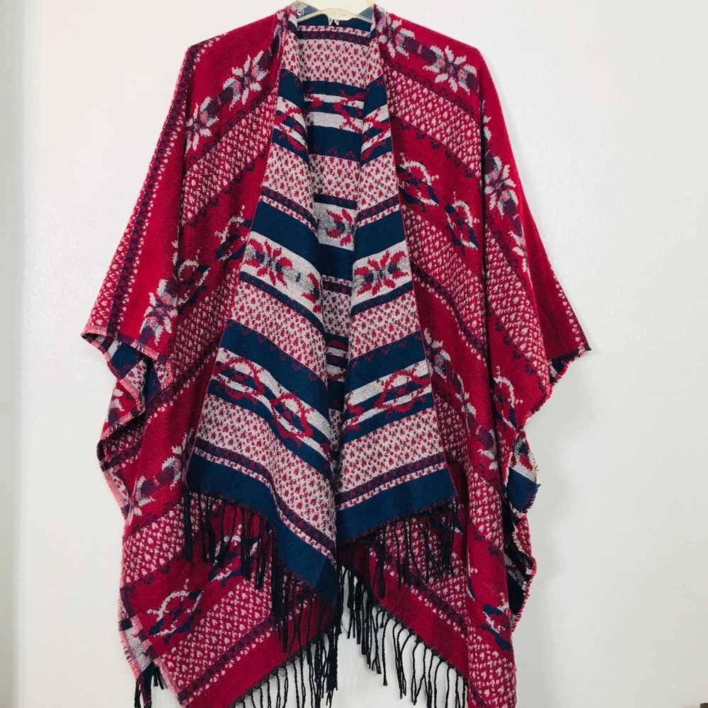 Reversible Lebanese Cape Poncho Boho Fringe Wrap Shawl Red Blue Cozy one size - Picture 8 of 10